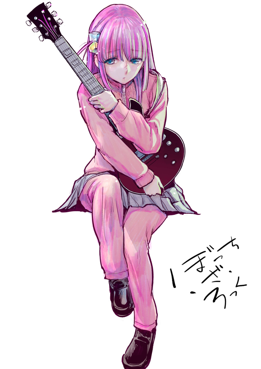 1girl, absurdres, blue_eyes, bocchi_the_rock!, cube_hair_ornament, electric_guitar, expressionless, gotoh_hitori