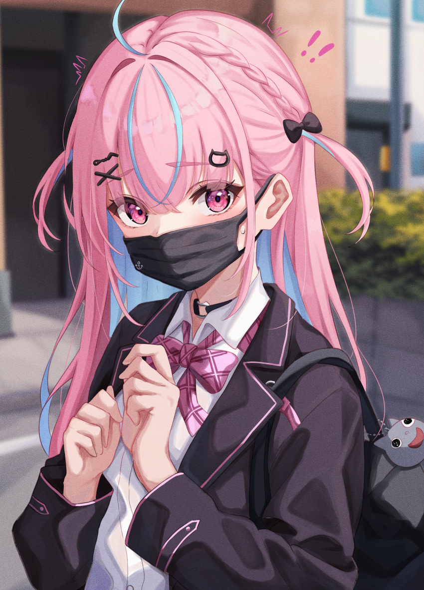 !, !!, 1girl, ^^^, bag, black_bag, black_bow, black_choker