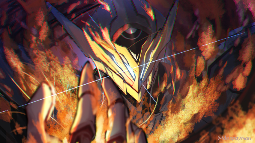1other, armor, artist_name, commentary, curled_fingers, fiery_background, fire, hand_up