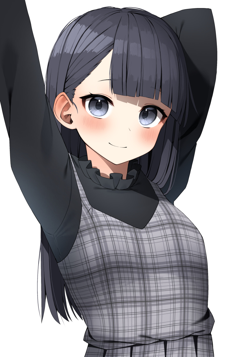 1girl, absurdres, arms_up, black_eyes, black_hair, black_shirt, blunt_bangs, blush, commentary_request, dress, frilled_shirt, frills, grey_dress, highres, li_jing_(new_crown), long_hair, long_sleeves, new_crown, pepushi_drow, plaid, plaid_dress, shirt, simple_background, sleeveless, sleeveless_dress, solo, upper_body, white_background