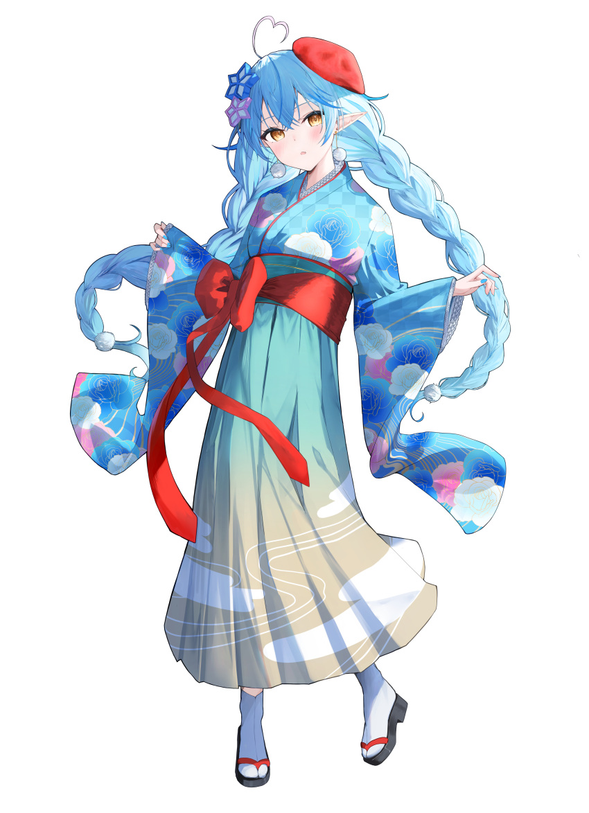 1girl, absurdres, ahoge, aki_uzuki3, alternate_costume, aqua_kimono, beret, blue_hair