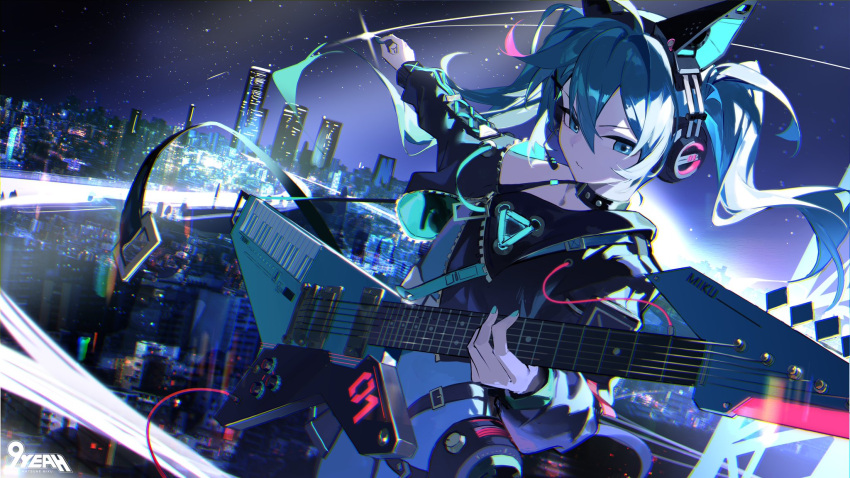 1girl, animal_ear_headphones, animal_ears, black_jacket, blue_eyes, blue_hair, blue_nails, building
