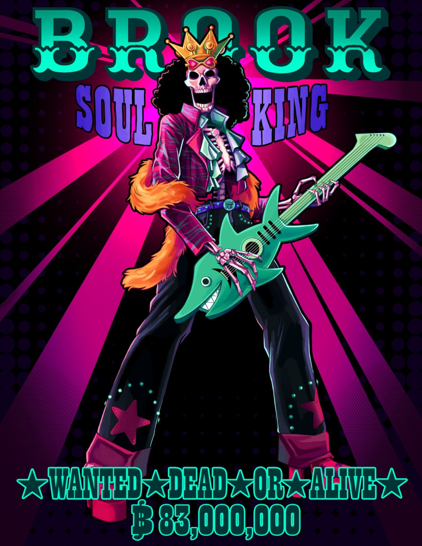 1boy, afro, alternate_costume, black_hair, brook_(one_piece), character_name, crown, electric_guitar, english_text, eyewear_on_head, full_body, guitar, heart, heart-shaped_eyewear, highres, holding, holding_guitar, holding_instrument, instrument, jolly_roger, kingycrow, male_focus, music, one_piece, open_mouth, pink-tinted_eyewear, playing_guitar, playing_instrument, skeleton, skull_and_crossbones, solo, standing, sunglasses, tinted_eyewear, yellow-framed_eyewear