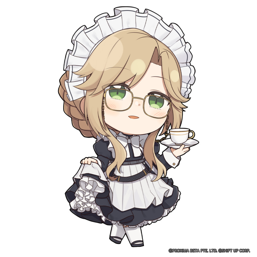 1girl, ade_(nikke), apron, black_dress, black_footwear, blonde_hair, braid, chibi
