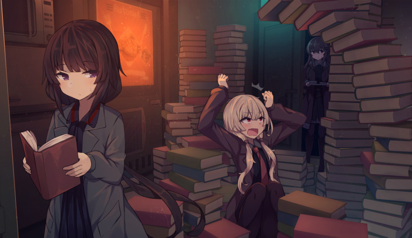3girls, black_hair, book, bowl, brown_hair, closed_mouth, door, food