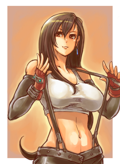akihidekawa, breasts, brown_eyes, brown_hair, crop_top, earrings, final_fantasy, final_fantasy_vii, fingerless_gloves, gloves, jewelry, large_breasts, long_hair, midriff, navel, solo, tank_top, taut_shirt, tifa_lockhart
