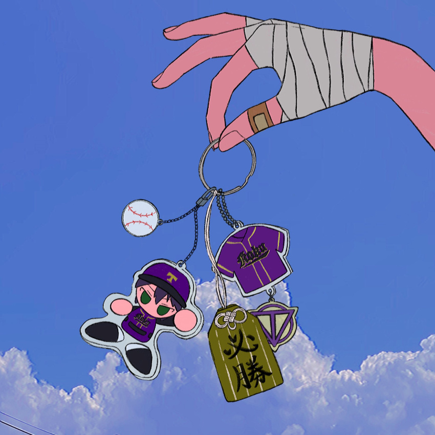 1boy, alternate_costume, arm_up, bandaged_hand, bandages, bandaid, bandaid_on_hand, baseball_(object)