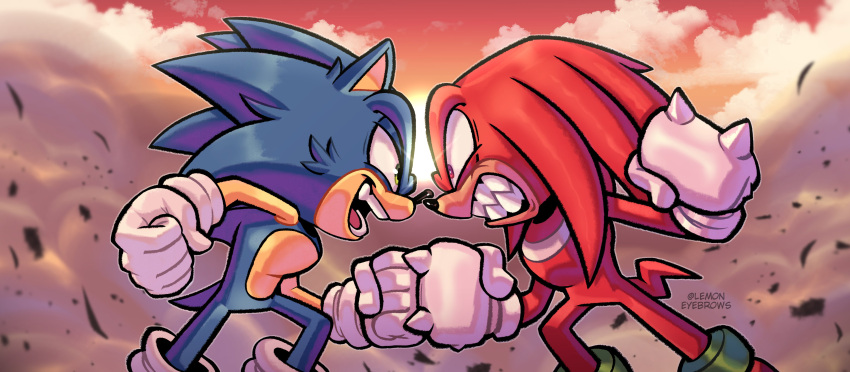 2boys, absurdres, artist_name, clenched_hands, clouds, face-to-face, from_side, furry