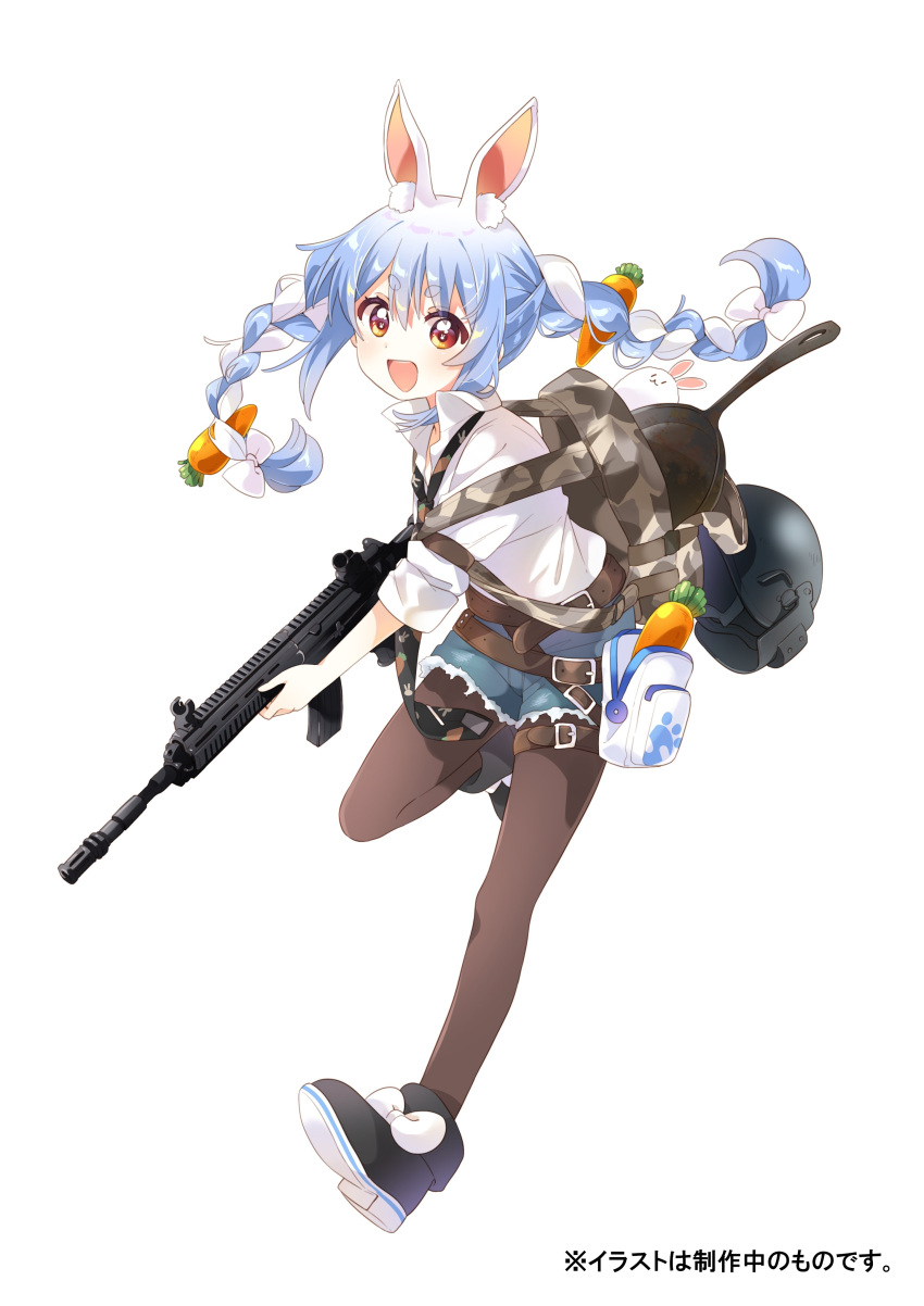 absurdres, animal_ear_fluff, animal_ears, bag, belt, black_footwear, black_necktie, blue_eyes, blue_shorts, blue_stripes, bow, braid, brown_pantyhose, camouflage_bag, carrot, carrot_hair_ornament, carrot_print, collared_shirt, colored_shoe_soles, commentary, crossover, denim, denim_shorts, extra_ears, food-themed_hair_ornament, food_print, footwear_bow, frying_pan, gun, hair_bow, hair_ornament, helmet, highres, holding, holding_gun, holding_weapon, hololive, looking_at_viewer, multicolored_hair, namori, necktie, open_mouth, orange_eyes, pantyhose, pekomon_(usada_pekora), playerunknown's_battlegrounds, print_necktie, rabbit-shaped_pupils, rabbit_ears, rifle, shirt, shorts, sidelocks, simple_background, solo, symbol-shaped_pupils, teeth, thick_eyebrows, thigh_pouch, twin_braids, twintails, two-tone_hair, unworn_headwear, upper_teeth_only, usada_pekora, virtual_youtuber, weapon, white_background, white_bow, white_hair, white_pouch, white_shirt