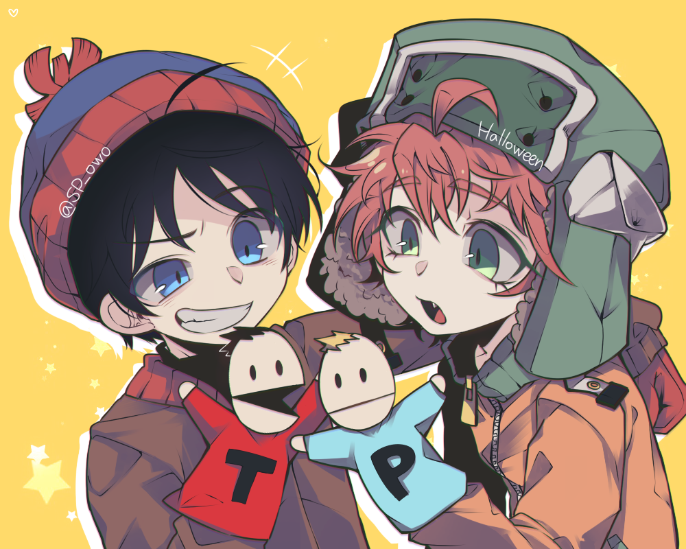2boys, ahoge, arm_on_shoulder, beanie, black_hair, blue_eyes, fur_hat, gloves