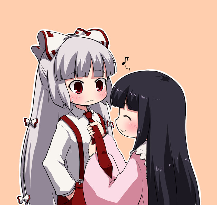 adjusting_tie, black_hair, blush, bow, fujiwara_no_mokou, hair_bow, houraisan_kaguya, joey_hanma