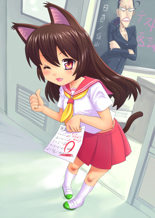 animal_ears, brown_hair, cat_ears, classroom, fang, glasses, hair_up, long_hair, meow_(nekodenki), red_eyes, school_uniform, serafuku, tail, teacher, test_paper, thumbs_up, uwabaki, veins, wink