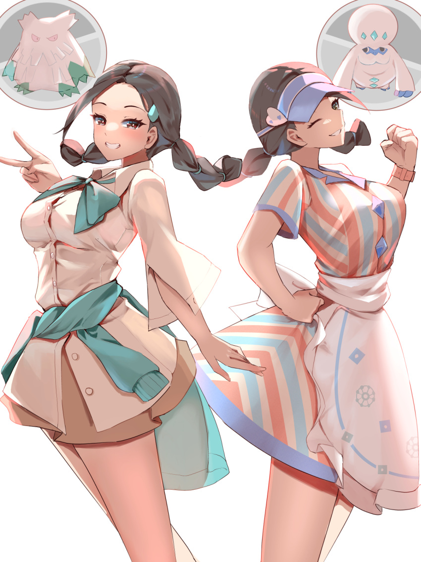 2girls, ;d, abomasnow, apron, black_hair, blue_headwear, blue_sweater, braid
