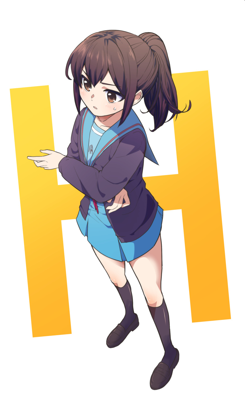 1girl, absurdres, ajinayou, black_socks, blue_sailor_collar, blue_skirt, brown_cardigan, brown_footwear, brown_hair, cardigan, commentary_request, from_above, full_body, genderswap, genderswap_(mtf), h, highres, kita_high_school_uniform, kneehighs, kyonko, loafers, long_hair, long_sleeves, open_cardigan, open_clothes, ponytail, red_ribbon, ribbon, sailor_collar, school_uniform, serafuku, shoes, simple_background, skirt, socks, solo, standing, suzumiya_haruhi_no_yuuutsu, sweatdrop, white_background, winter_uniform