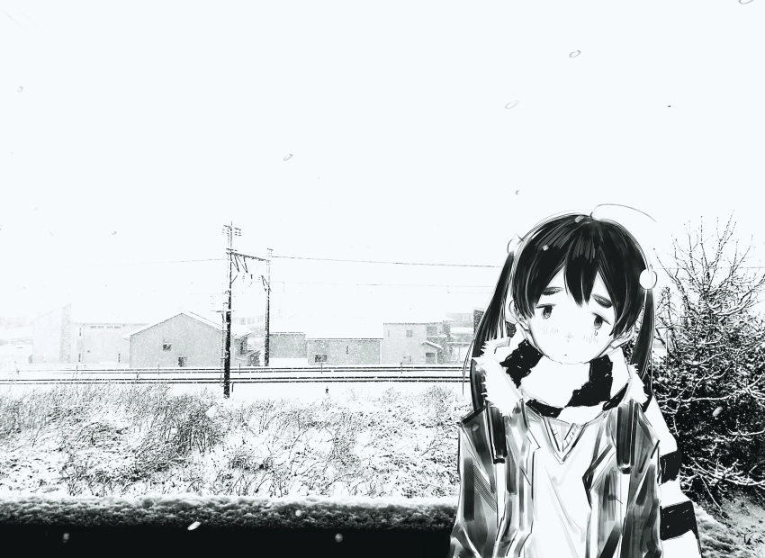 1girl, absurdres, arms_at_sides, bare_tree, blush, closed_mouth, day, dead_dead_demons_de_dedede_destruction