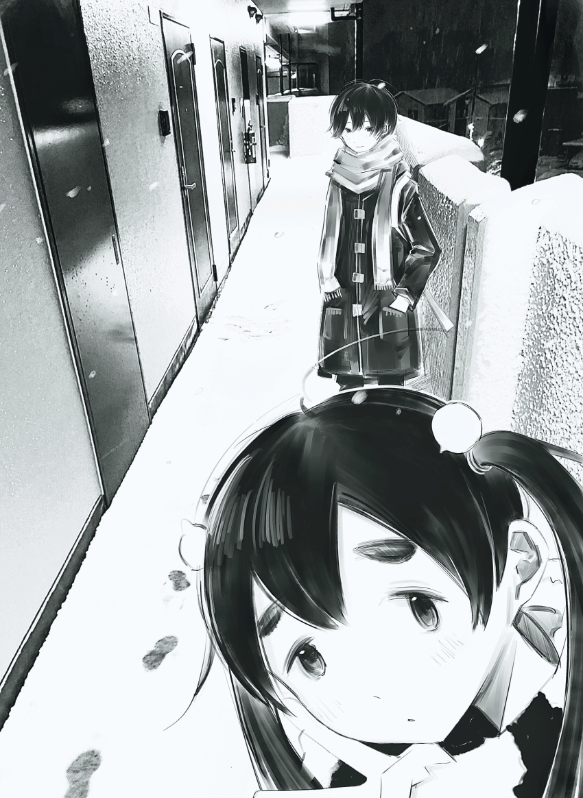 1boy, 1girl, absurdres, apartment, blush, building, coat, dead_dead_demons_de_dedede_destruction, footprints, greyscale, hair_ornament, hand_in_pocket, hand_up, highres, hos1_i, long_hair, looking_at_viewer, mole, mole_under_eye, monochrome, nakagawa_ouran, night, ooba_keita, outdoors, parted_lips, photo_background, scarf, short_hair, snow, snowing, standing, tareme, thick_eyebrows, twintails, v, winter_clothes, winter_coat