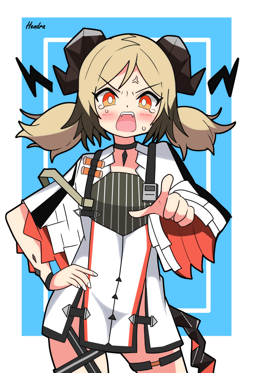 1girl, absurdres, anger_vein, arknights, black_choker, blue_background, blush, brown_hair, choker, commentary_request, dress, fangs, hand_on_own_hip, hendra, highres, horns, ifrit_(arknights), lightning_bolt_symbol, looking_at_viewer, low_twintails, open_mouth, pointing, red_eyes, short_sleeves, signature, solo, standing, sweat, tears, teeth, twintails, two-tone_background, upper_teeth_only, v-shaped_eyebrows, white_background, white_dress, wide_sleeves