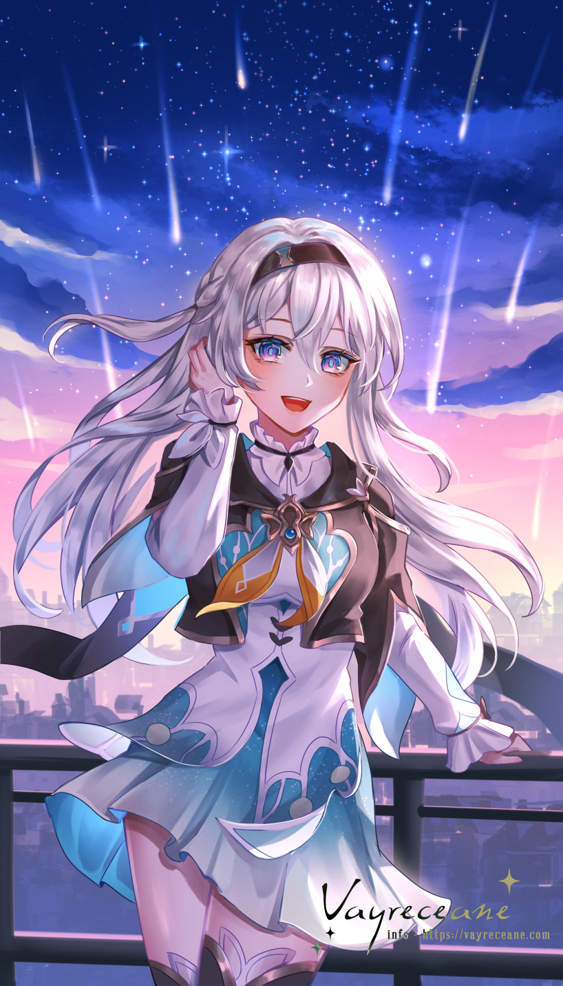 1girl, :d, against_railing, arm_support, artist_name, black_cape, black_hairband, black_jacket, black_thighhighs, blue_eyes, blue_pupils, blue_skirt, blush, cape, clouds, collared_shirt, contrapposto, cowboy_shot, cropped_jacket, evening, firefly_(honkai:_star_rail), floating_hair, grey_hair, hair_between_eyes, hair_intakes, hairband, hand_in_own_hair, highres, honkai:_star_rail, honkai_(series), jacket, legs_together, long_hair, looking_at_viewer, miniskirt, neckerchief, night, night_sky, open_mouth, orange_neckerchief, outdoors, pink_eyes, pleated_skirt, railing, shirt, shooting_star, sidelocks, skirt, sky, smile, solo, sparkle, star_(sky), starry_sky, teeth, thigh-highs, two-tone_eyes, upper_teeth_only, vayreceane, white_shirt, wind, zettai_ryouiki