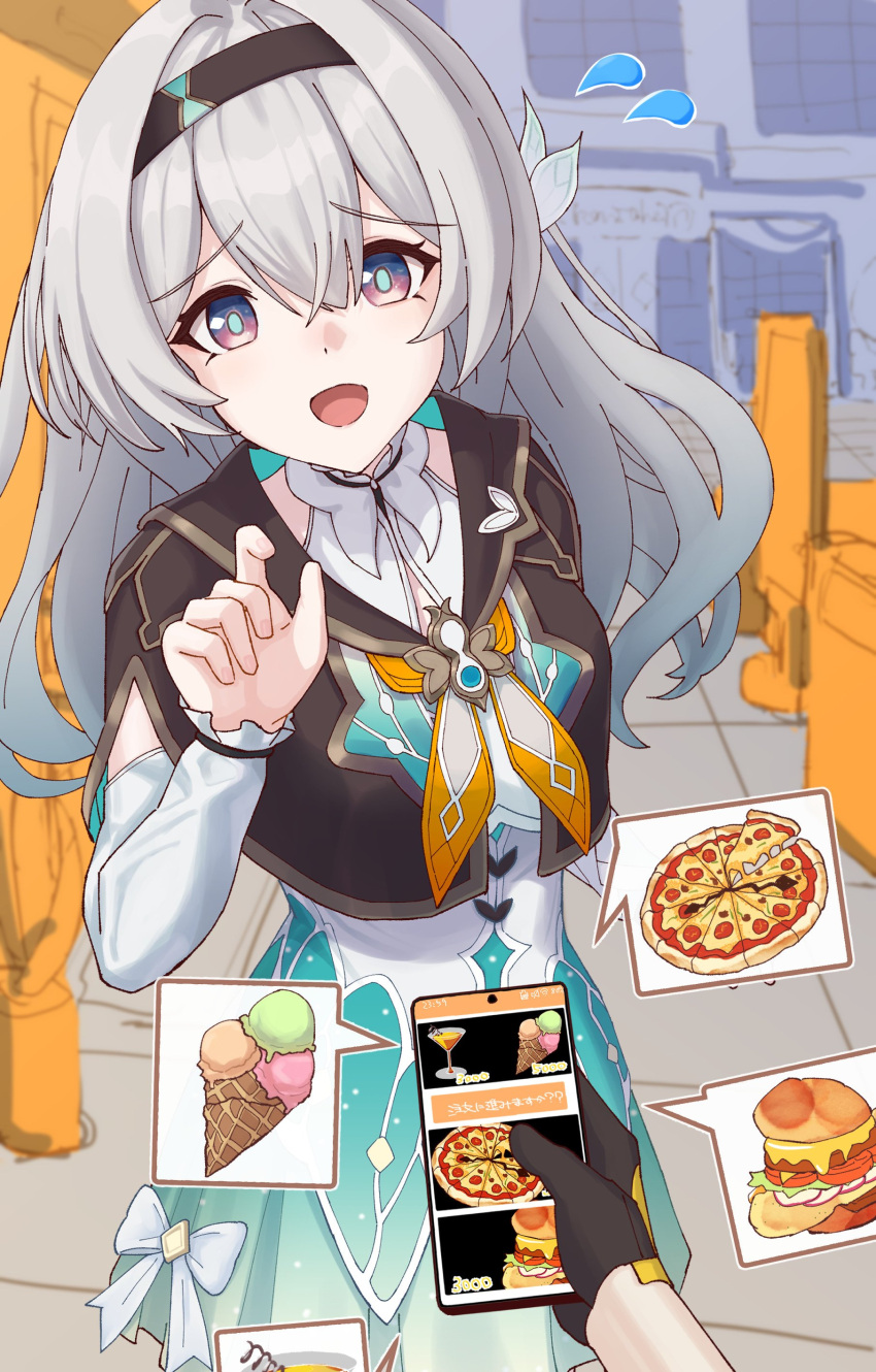 1girl, 1other, :d, absurdres, arm_at_side, black_gloves, black_hairband, black_jacket, blue_eyes, blue_pupils, blue_skirt, bow, burger, cellphone, collared_shirt, cowboy_shot, cropped_jacket, crossed_bangs, detached_sleeves, dot_nose, erio_dazima, firefly_(honkai:_star_rail), flying_sweatdrops, food, furrowed_brow, gloves, grey_hair, hair_between_eyes, hair_bow, hair_intakes, hairband, hand_up, highres, holding, holding_phone, honkai:_star_rail, honkai_(series), ice_cream, jacket, long_hair, long_sleeves, neckerchief, open_mouth, orange_neckerchief, outdoors, phone, pink_eyes, pizza, pleated_skirt, pov, pov_hands, shirt, sidelocks, skirt, sleeveless, sleeveless_shirt, smartphone, smile, solo_focus, trailblazer_(honkai:_star_rail), two-tone_eyes, white_bow, white_shirt, white_sleeves