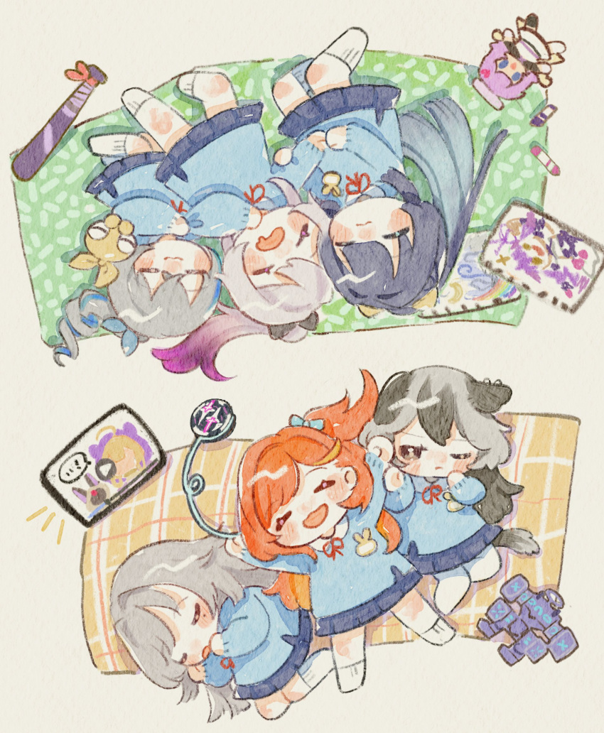 6+girls, arms_up, black_hair, blue_shirt, blue_skirt, blush_stickers, bronya_zaychik, chibi