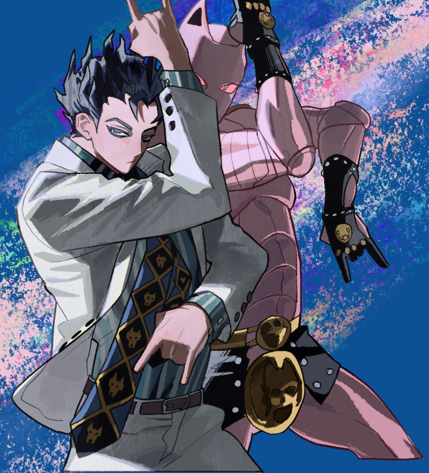 2boys, :/, \n/, abs, animal_ears, arm_up, black_gloves, black_skirt, blue_background, blue_necktie, cat_ears, closed_mouth, collared_shirt, colored_eyelashes, colored_sclera, colored_skin, cropped_legs, diamond_wa_kudakenai, gloves, green_shirt, grey_eyes, grey_hair, grey_jacket, grey_pants, grey_suit, hand_up, highres, jacket, jojo_no_kimyou_na_bouken, kawajiri_kosaku, killer_queen, killer_queen's_pose_(jojo), kira_yoshikage, korean_commentary, long_sleeves, looking_at_viewer, male_focus, miniskirt, multicolored_background, multiple_boys, necktie, no_shirt, pants, partially_fingerless_gloves, pink_sclera, pink_skin, sasi_mozzi1, shirt, short_hair, skirt, skull_print, slit_pupils, stand_(jojo), striped_clothes, striped_shirt, studded_gloves, suit, upper_body