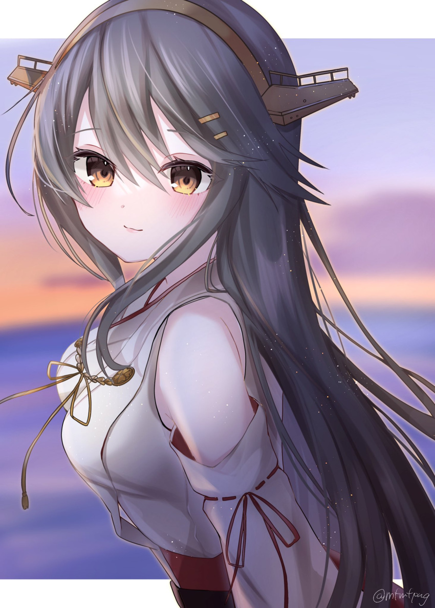 1girl, bare_shoulders, blurry, blurry_background, blush, breasts, closed_mouth, clouds