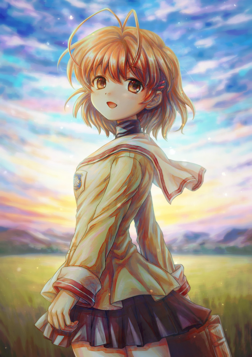 1girl, antenna_hair, blush, briefcase, brown_eyes, brown_hair, clannad, field
