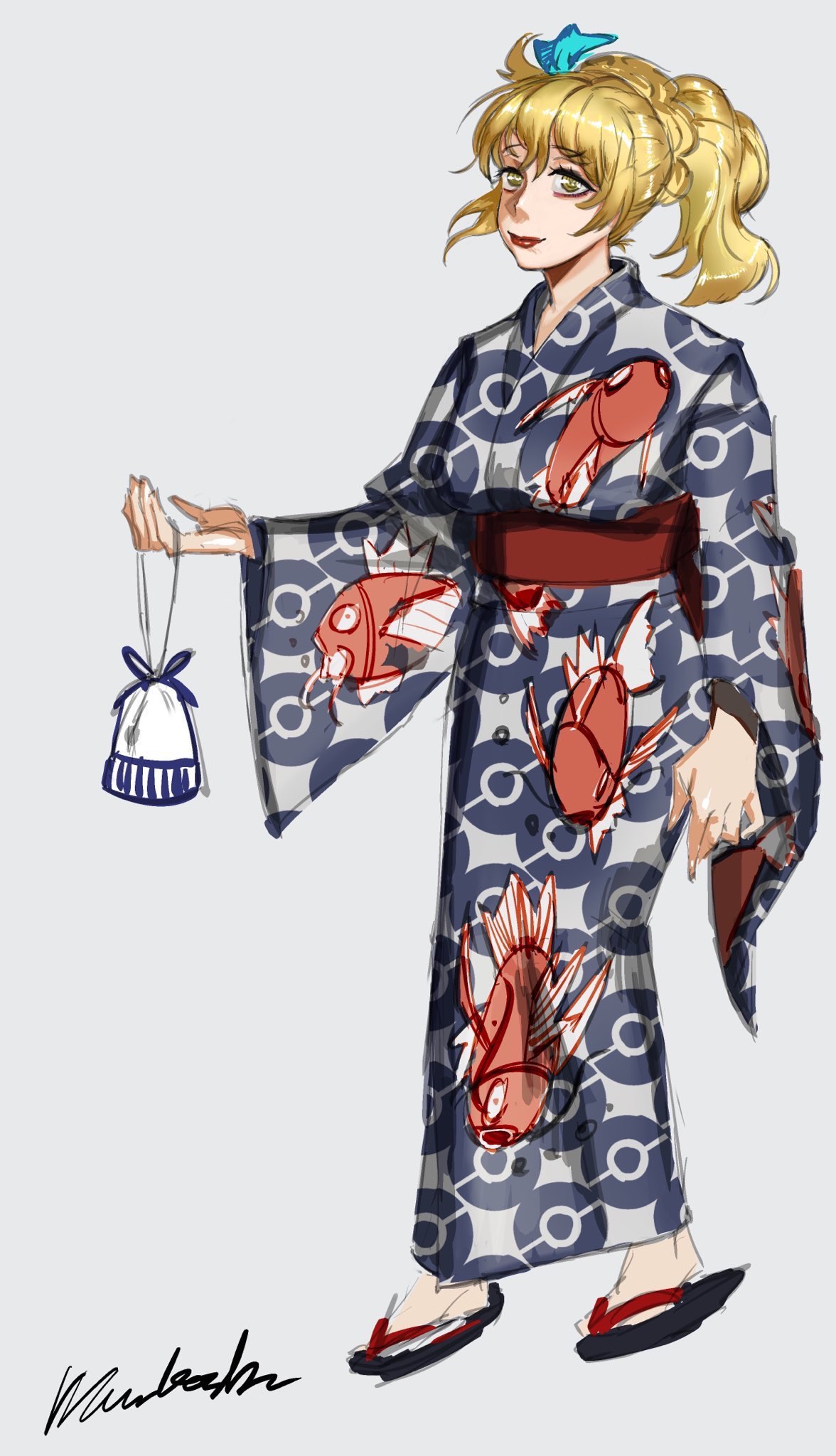 1girl, alternate_costume, alternate_hairstyle, animal_print, bad_id, bad_nicoseiga_id, bag, blonde_hair