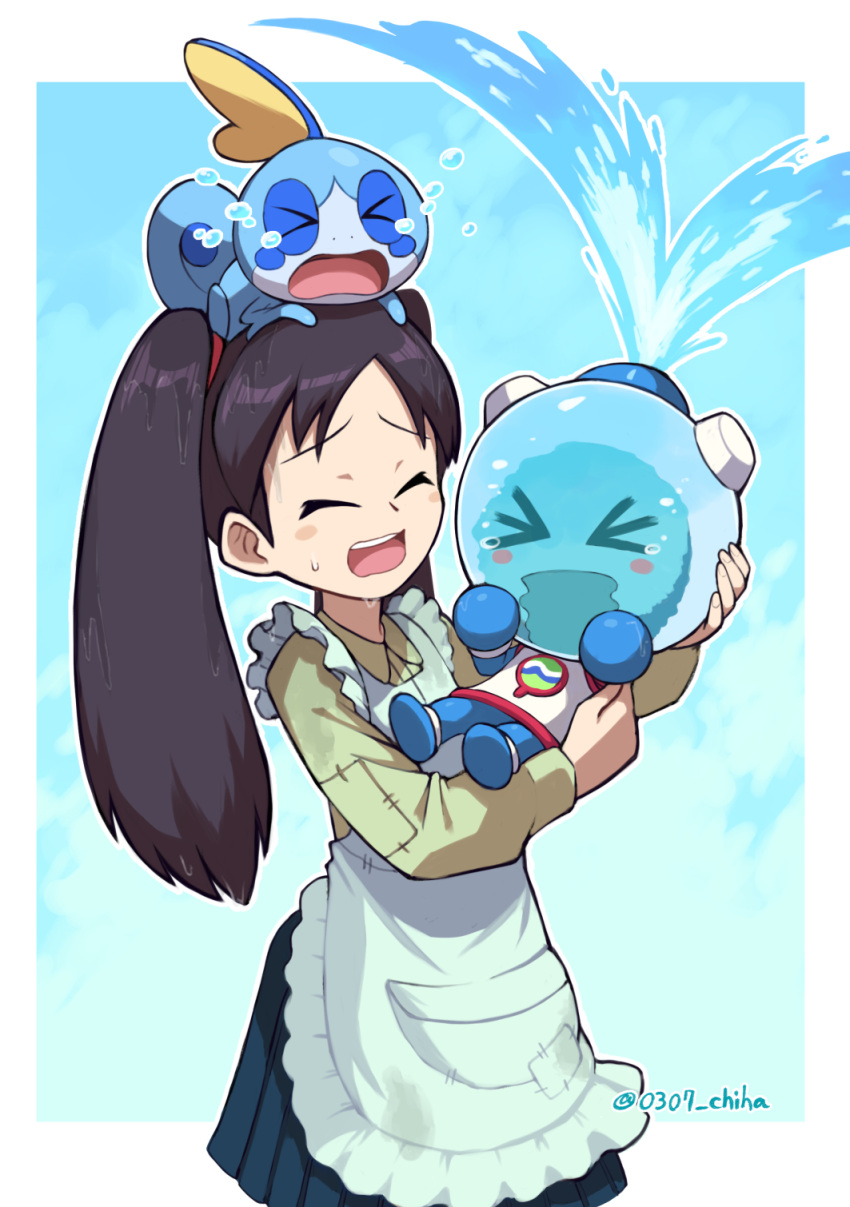 >_<, 1girl, apron, aquaman.exe, carrying, carrying_person, chiha_bobobo, commentary_request, crying, highres, long_hair, mega_man_(series), mega_man_battle_network_(series), mega_man_battle_network_4, netnavi, on_head, pokemon, pokemon_(creature), shuko_kido_(mega_man), sobble, twintails, wet, wet_clothes, wet_hair