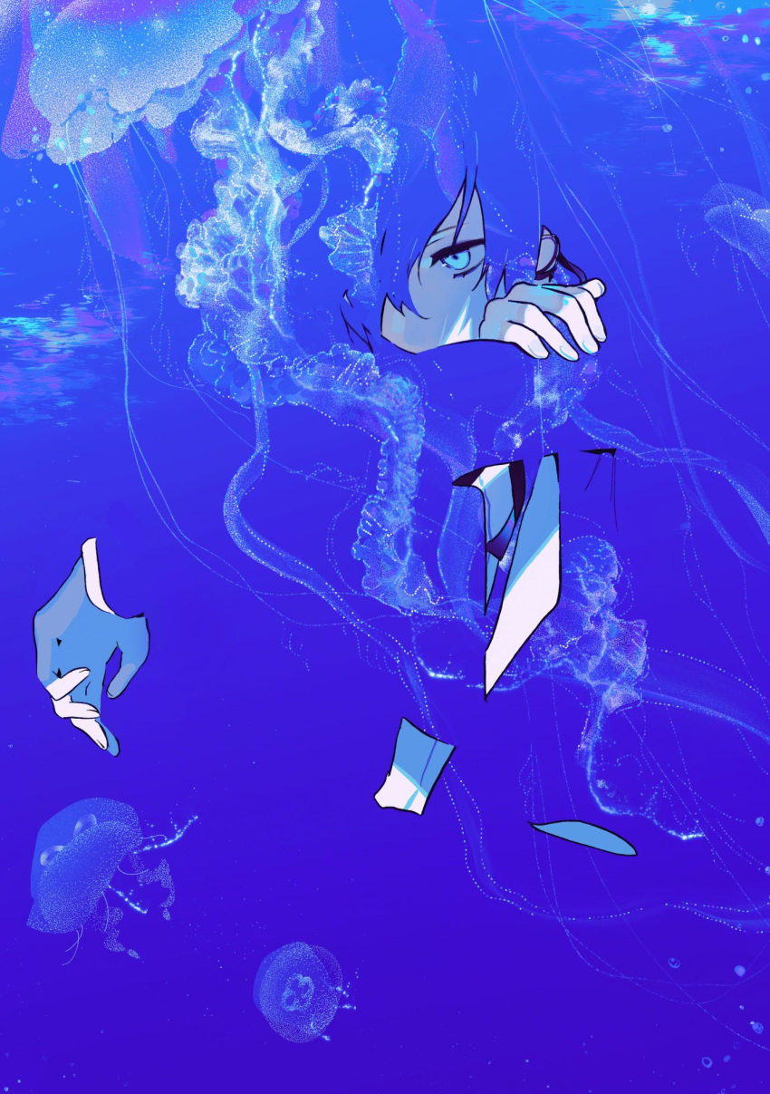 1boy, blending, blue_eyes, blue_hair, blue_theme, double_exposure, gapamopa, hair_over_one_eye
