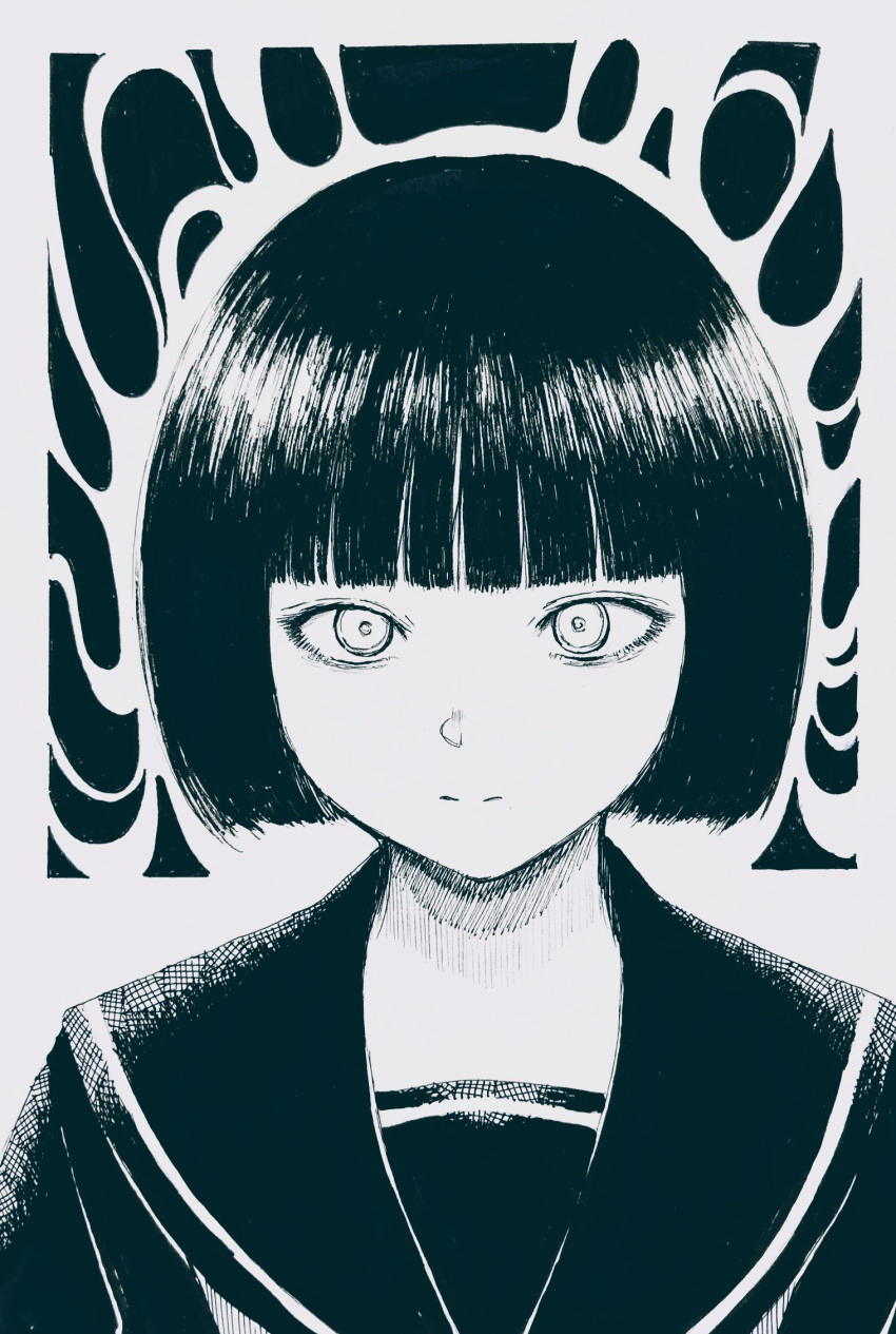 1girl, aura, blunt_bangs, bob_cut, close-up, expressionless, greyscale, highres