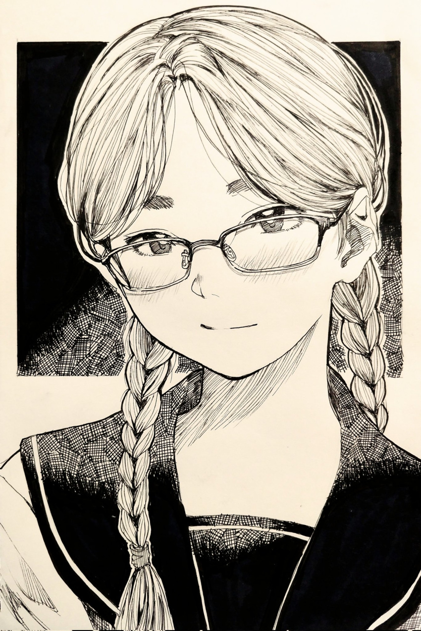 1girl, blush, braid, close-up, glasses, greyscale, highres, light_smile