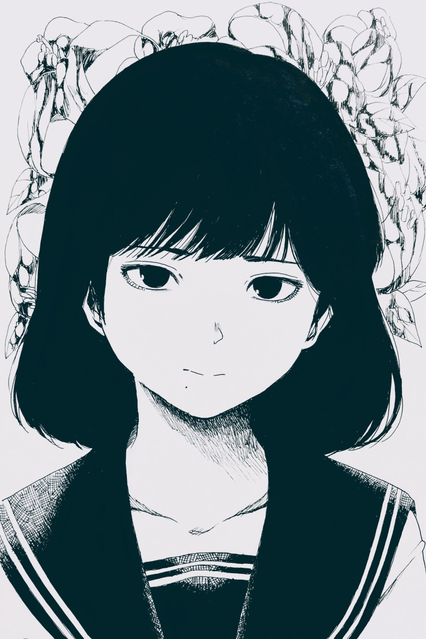 1girl, close-up, collarbone, greyscale, highres, light_smile, looking_at_viewer, medium_hair
