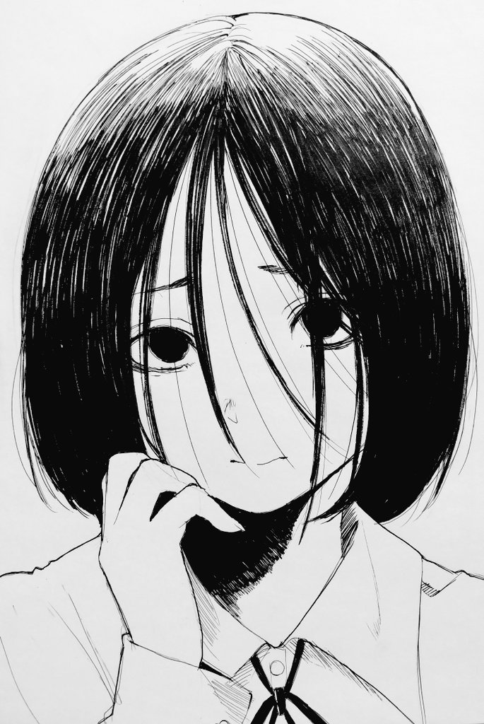 1girl, bob_cut, close-up, collared_shirt, greyscale, hair_over_eyes, looking_at_viewer, misaki_toji