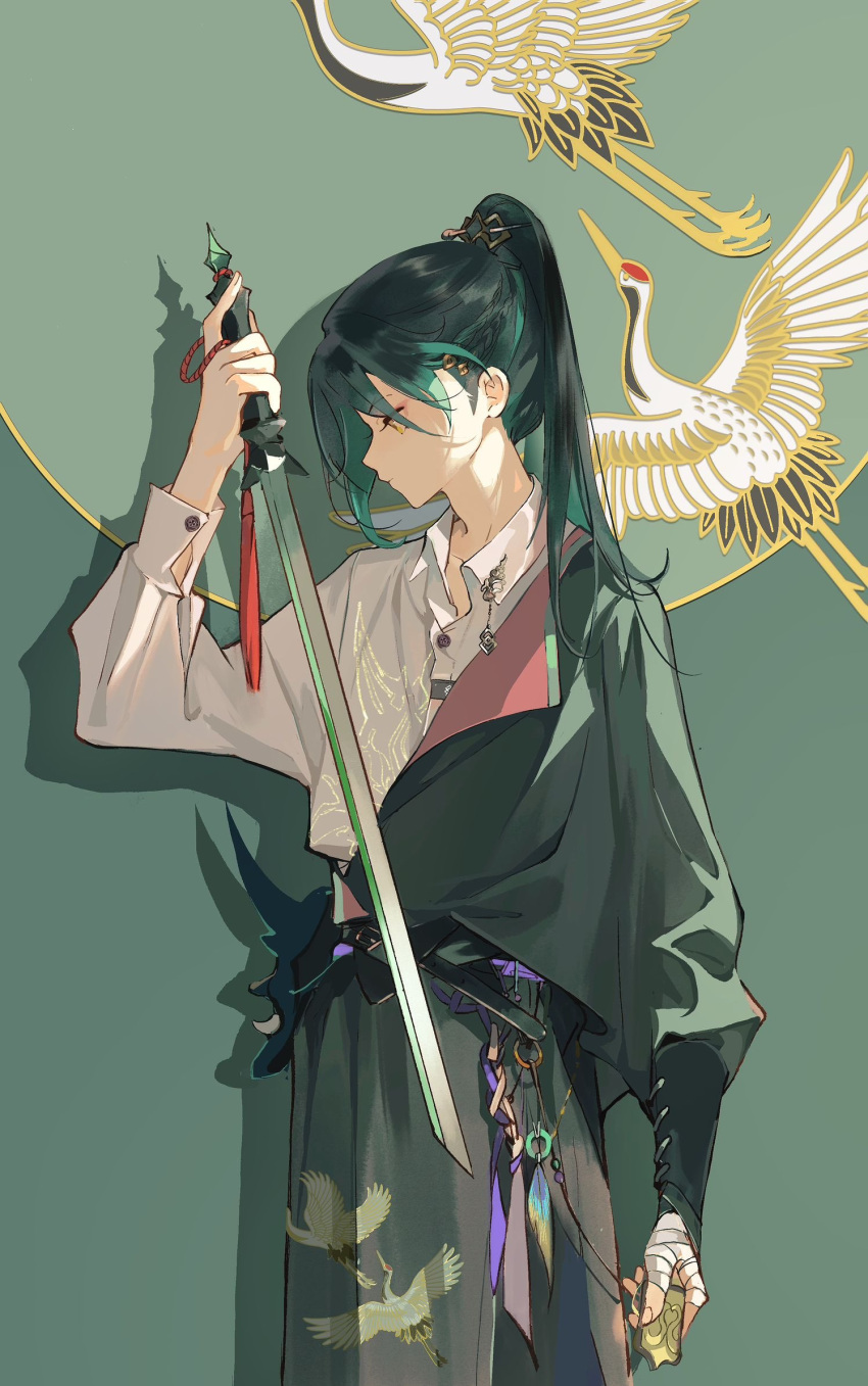 1boy, alternate_costume, alternate_hair_length, alternate_hairstyle, animal_print, bandaged_hand, bandages, bird
