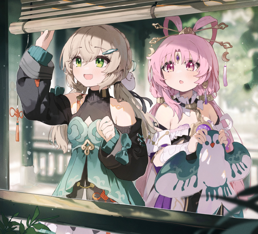 2girls, arm_up, armpit_crease, bamboo_screen, bare_shoulders, black_ribbon, blurry, blurry_background