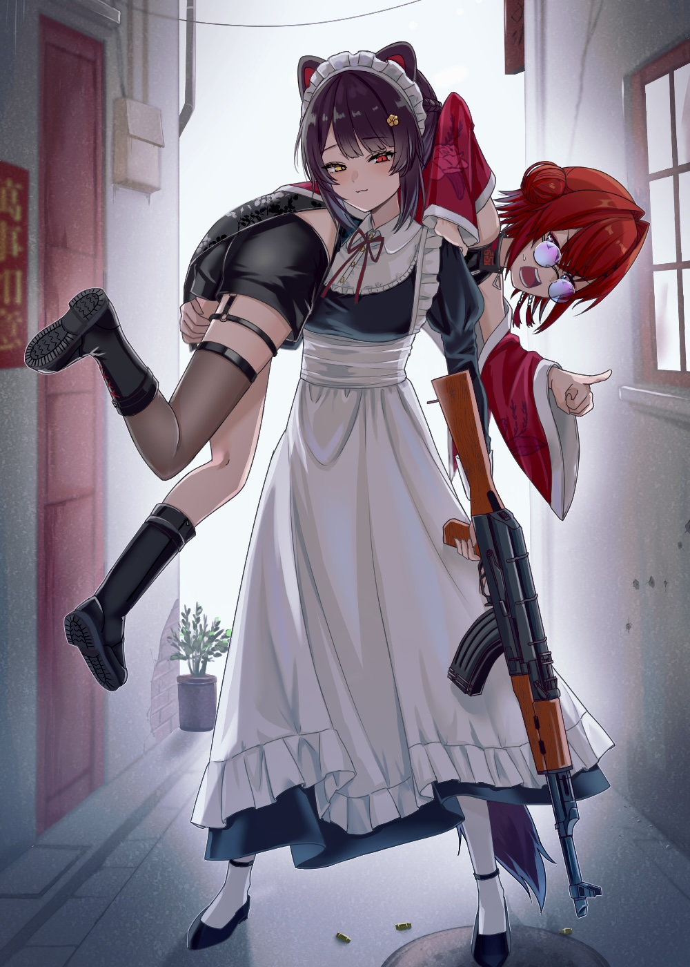 2girls, ak-47, alley, ange_katrina, angry, apron, assault_rifle, asymmetrical_legwear, black_dress, black_footwear, black_shorts, blunt_bangs, boots, bow, brown_hair, carrying, carrying_over_shoulder, carrying_person, crossed_bangs, door, dress, frilled_hairband, frills, gun, hair_bun, hair_intakes, hairband, heterochromia, highres, holding, holding_gun, holding_weapon, inui_toko, kalashnikov_rifle, knee_boots, maid_headdress, makamu, multiple_girls, nijisanji, official_alternate_costume, open_mouth, pointing, pointing_at_viewer, red_bow, red_eyes, red_shirt, redhead, rifle, shell_casing, shirt, short_hair, shorts, sidelocks, sunglasses, sweatdrop, thigh-highs, virtual_youtuber, waist_apron, weapon, white_hairband, white_thighhighs, window, yellow_eyes