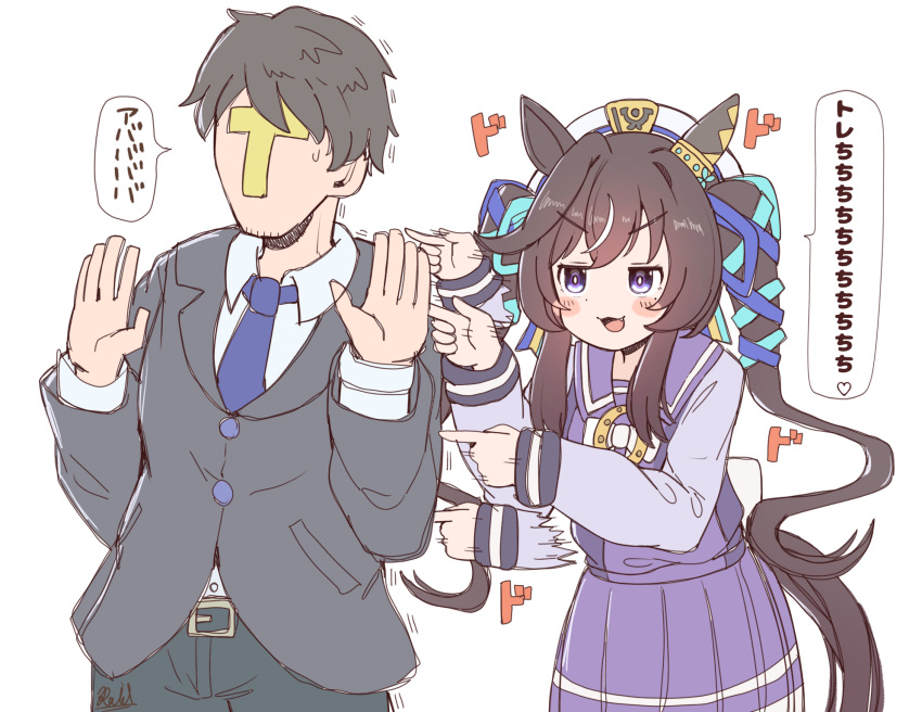 1boy, 1girl, animal_ears, beret, blush, brown_hair, fangs, hat