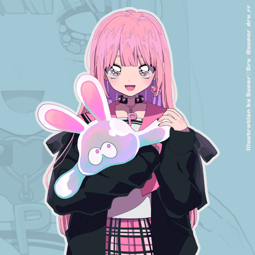 1girl, :d, absurdres, artist_name, black_cardigan, black_collar, blue_background, blunt_bangs