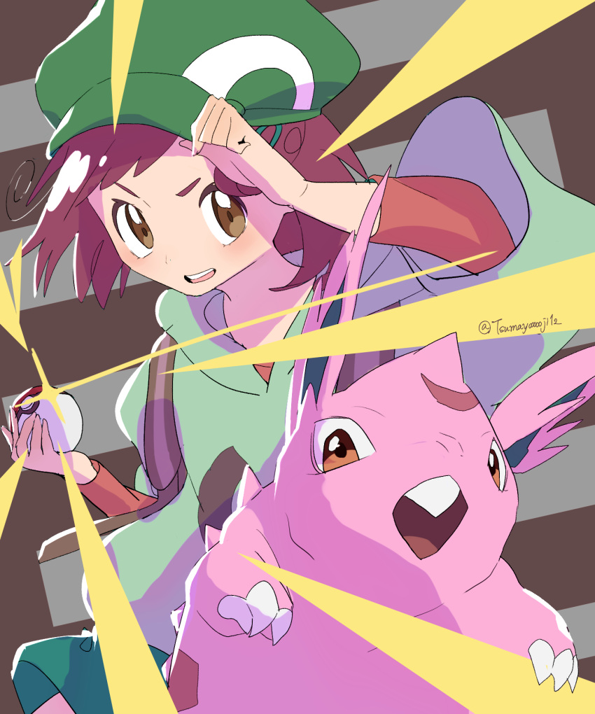 1girl, animal, bag, blossom_(pokemon), claws, commentary_request, green_headwear, hand_on_headwear, hat, highres, holding, holding_poke_ball, nidoran, nidoran_(male), poke_ball, pokemon, pokemon_(anime), pokemon_(creature), poketoon, tooth, tsumayouji_(tsumayoooooji12), watermark