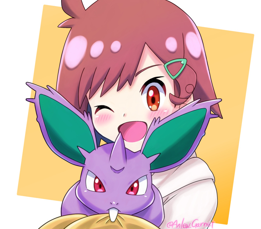 1girl, animal, anlew_garnet, blossom_(pokemon), blush, commentary_request, hair_ornament, hat