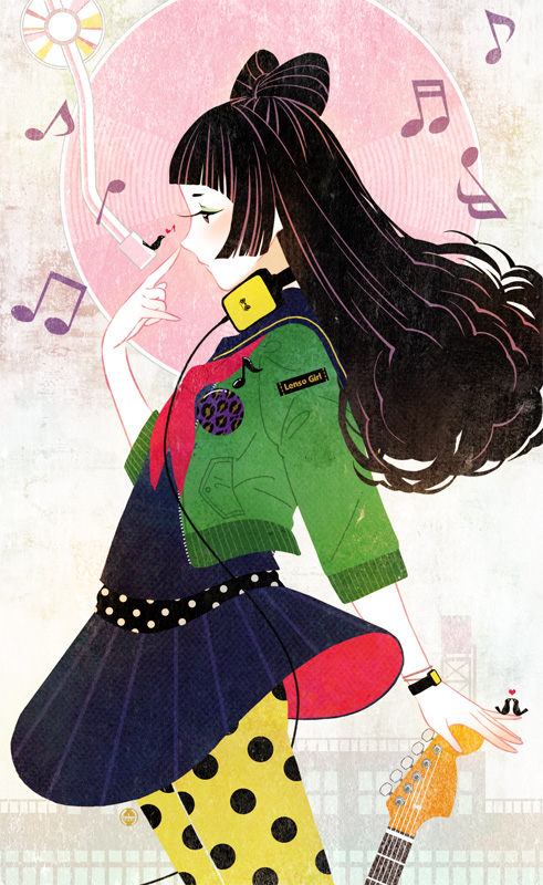 badge, bird, black_hair, bow, button_badge, eyeliner, eyeshadow, guitar, hair_bow, headphones, instrument, long_hair, music, musical_note, pantyhose, phonograph, polka_dot, polka_dot_legwear, rouge_(makeup), sakamoto_himemi, school_uniform, serafuku, turntable, watch, wristwatch, yellow_legwear