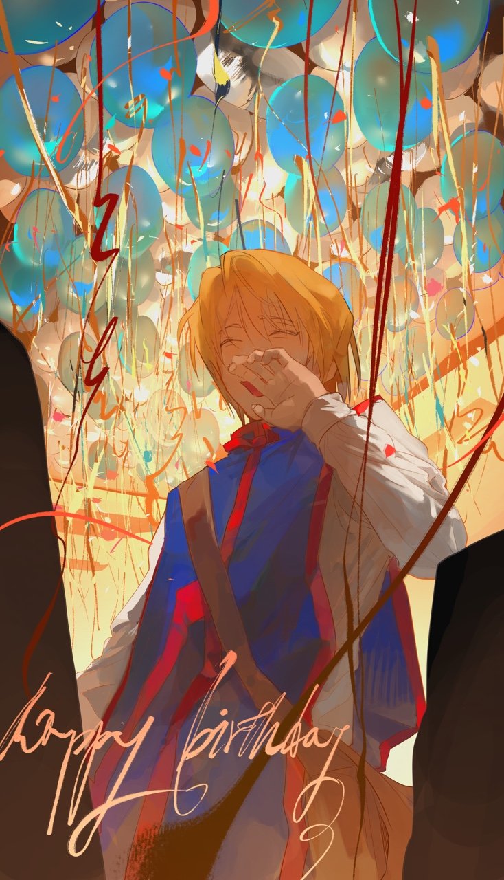 1boy, androgynous, balloon, blonde_hair, blue_tabard, cowboy_shot, from_below, happy