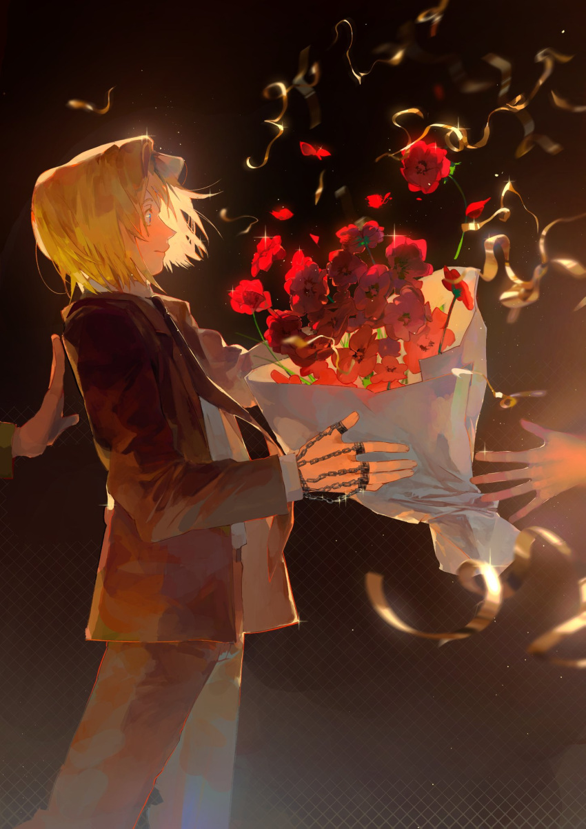 1boy, androgynous, blonde_hair, blue_tabard, bouquet, celebration, chain, feet_out_of_frame, flower, from_side, highres, holding, holding_bouquet, hun_bbokbbok, hunter_x_hunter, kurapika, long_sleeves, male_focus, official_art, pushing, rose, smile, solo_focus, standing, suit, tabard, throwing, wide-eyed