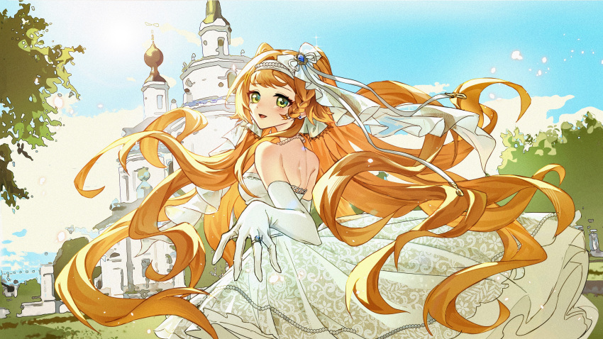 1girl, :d, absurdres, back, bare_shoulders, blue_sky, braided_sidelock, bridal_veil