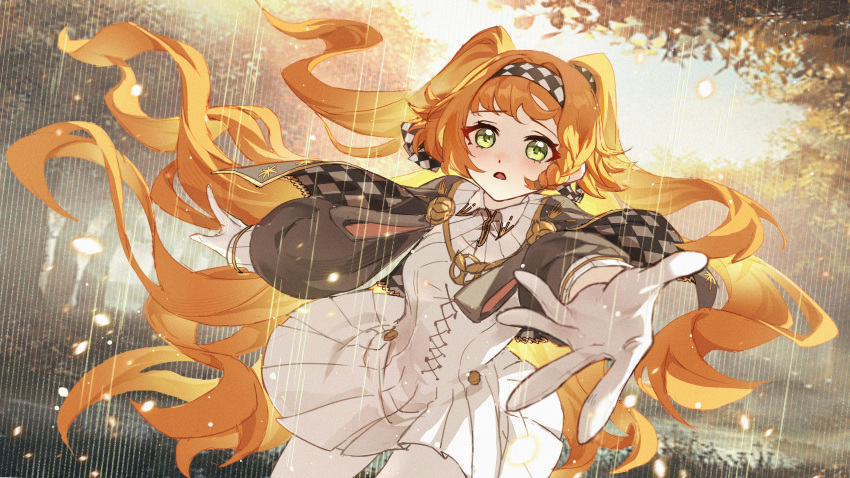 1girl, :o, absurdres, blurry, blurry_background, braided_sidelock, checkered_hairband, collared_dress, cowboy_shot, day, dress, fighting_yupao, film_grain, floating_hair, forest, furrowed_brow, gloves, green_eyes, grey_sleeves, highres, light_particles, long_hair, long_sleeves, looking_at_viewer, nature, open_hand, orange_hair, outstretched_arm, outstretched_hand, pants, pants_under_dress, puffy_long_sleeves, puffy_sleeves, rain, reverse:1999, short_dress, solo, sonetto_(reverse:1999), triangle_mouth, twintails, two_side_up, very_long_hair, white_dress, white_gloves, white_pants