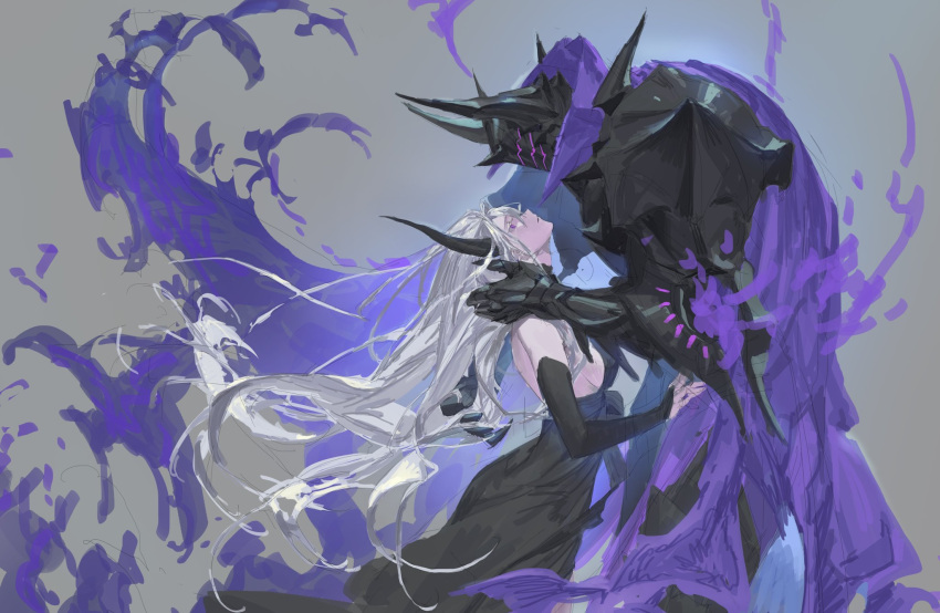 1boy, 1girl, armor, black_dress, black_horns, cape, claws, colored_skin