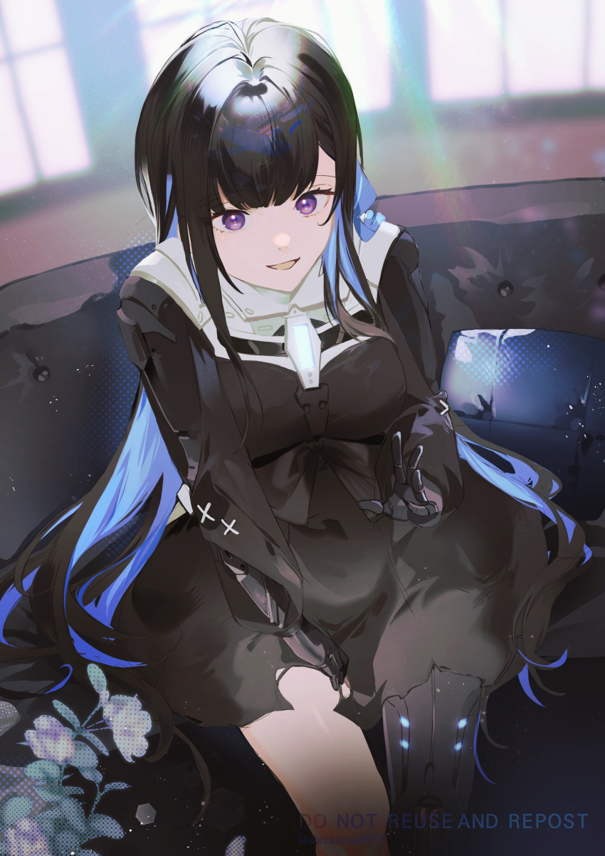absurdres, black_hair, black_shrug, blue_ribbon, colored_inner_hair, flower, highres, iris_(flower)