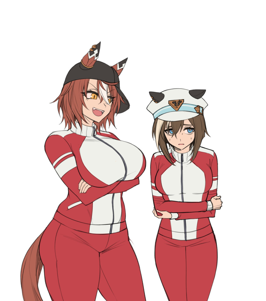 2girls, anchor_symbol, animal_ears, arms_under_breasts, averting_eyes, baseball_cap, belt, black_headwear
