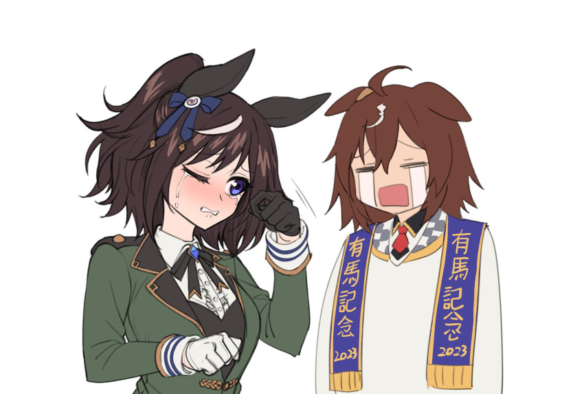 2girls, ahoge, animal_ears, asymmetrical_gloves, black_bow, black_bowtie, black_gloves, blue_bow